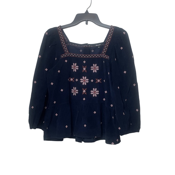 Madewell Small Corduroy Navy Peasant Top Cross Stitch Embroidered 100% Cotton - Picture 5 of 7